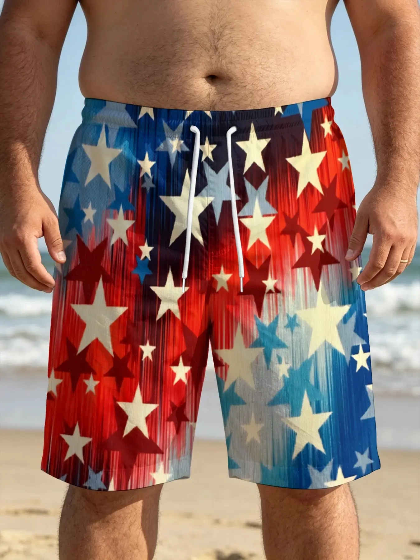 Plus Size American Star Striped Casual Shorts, Independence Day Theme Beach Pants, Geometric Pattern, Drawstring Waist, Knee Length