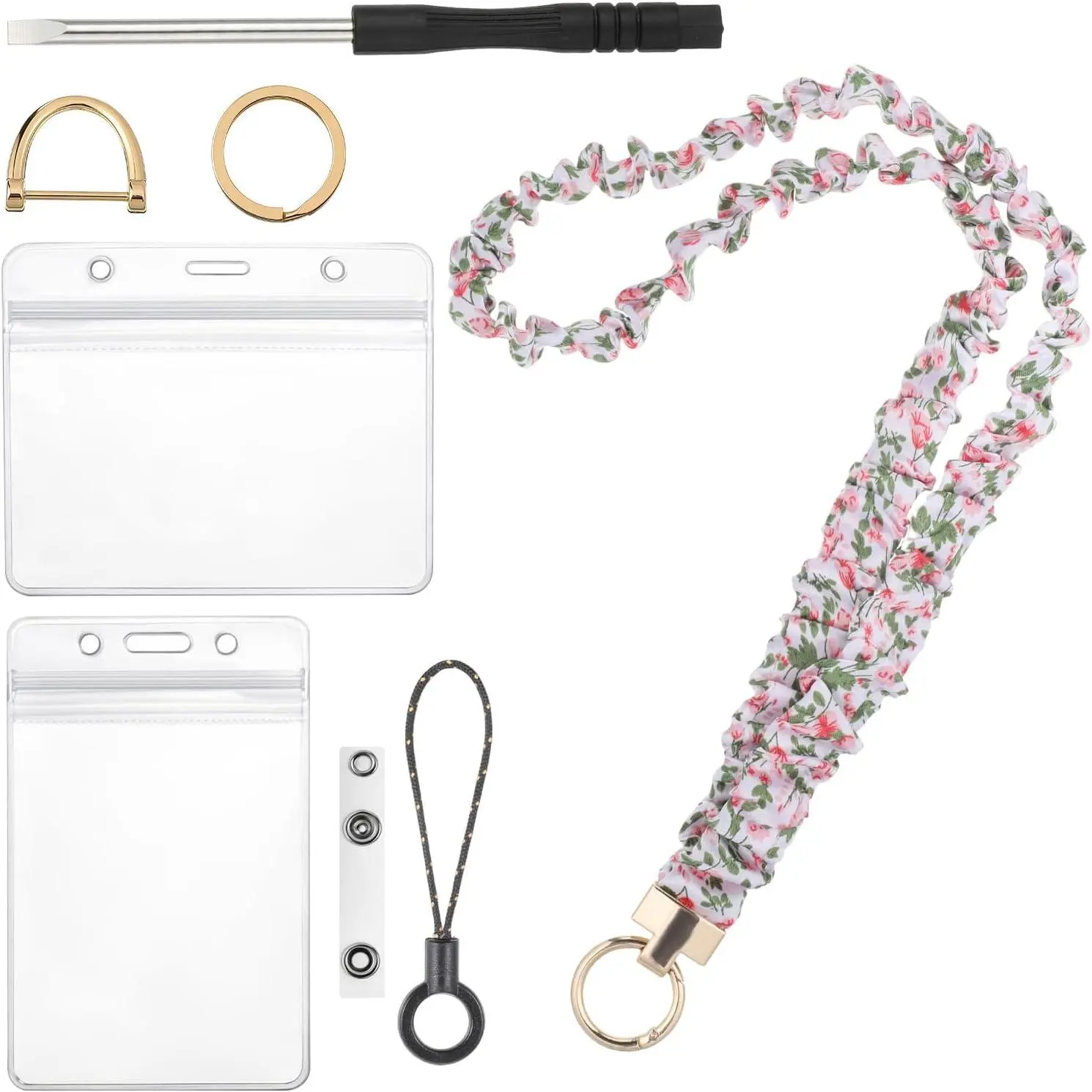 Stretchy Scrunchie Lanyard with 2 ID Holders for ID Badges Breakaway Wristlet  Retractable  Holder Cute Teacher Lanyard  Floral Scrunchie  Straps for Women Teacher Nurse