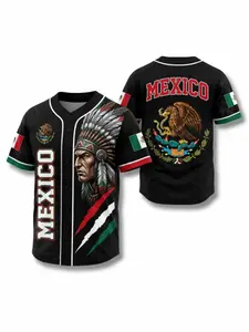 Men's Mexican Indigenous Feather Crown Print Baseball Shirt, Eagle Emblem Button-Up, Patriotic Unisex Casual Sport T-Shirt