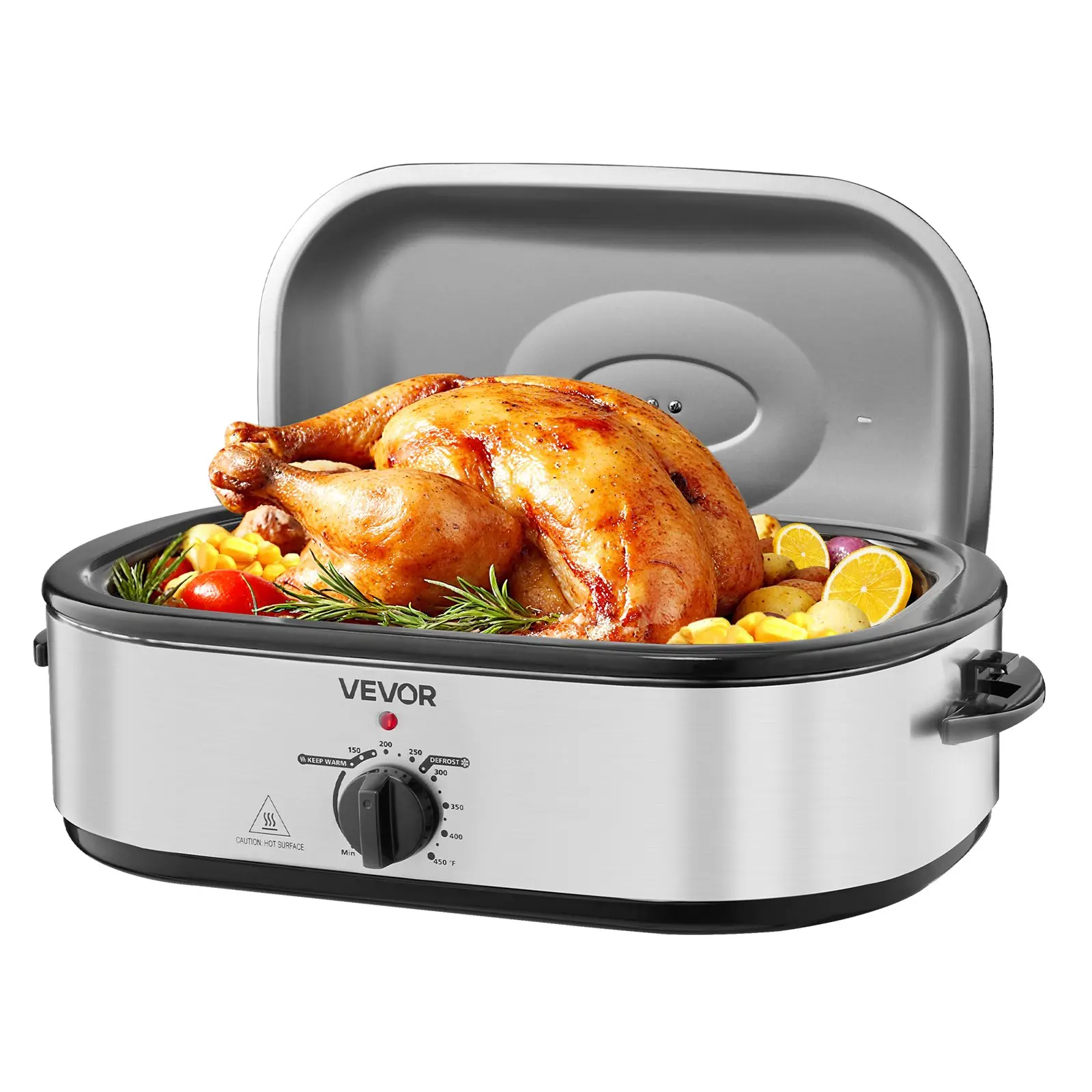 【Summerfinds】VEVOR Roaster Oven, 18QT Electric Roaster Oven, 150-450 Adjustable Temperature Electric Roasting Pan with Self-Basting Lid, Cool-Touch Handle, Defrost Warm Function, Stainless Steel Turkey Ovens