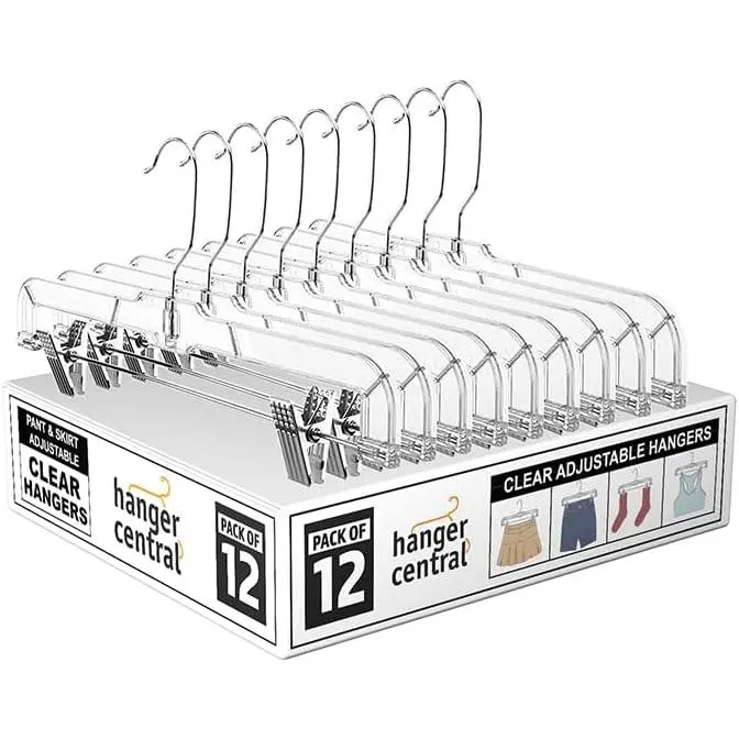 Premium 14 Inch Clear Pants Hangers with Adjustable Clips - 12 Pack Space-Saving Skirt Hangers - Non-Slip Heavy Duty Plastic Closet Organizers with 360° Swivel Hook