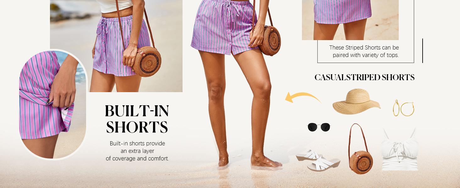 FMEYOA Womens Summer Striped Mini Skirts Casual Drawstring Elastic Waist Button Cute Y2K Skorts Shorts