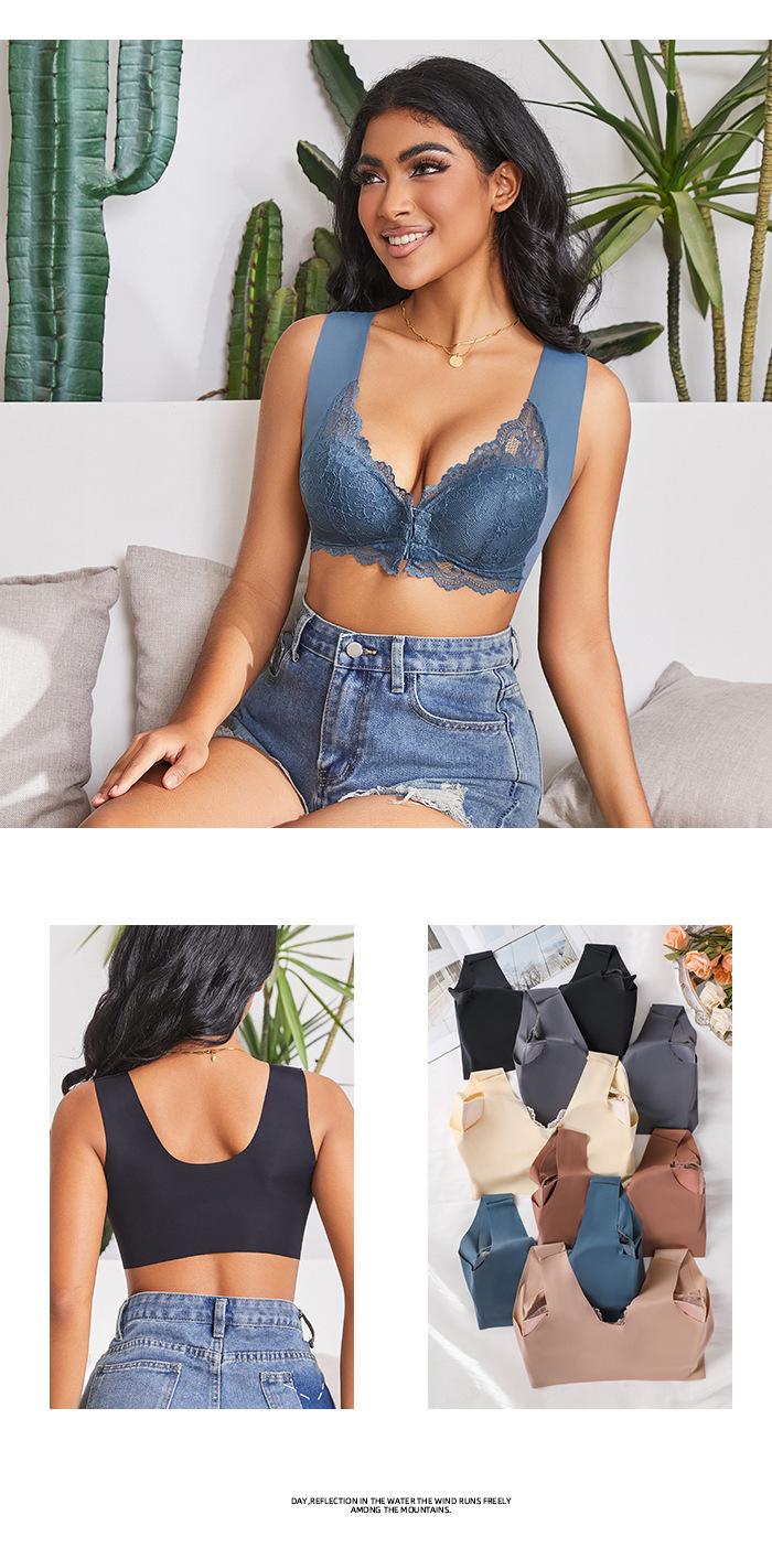 Plus Size Wireless Front Closure Lace Everyday Bra, Light Stretchy Fabric, Customized Fit for Womenswear, Back Smoothing Supportive Bra for Outfit & Workout