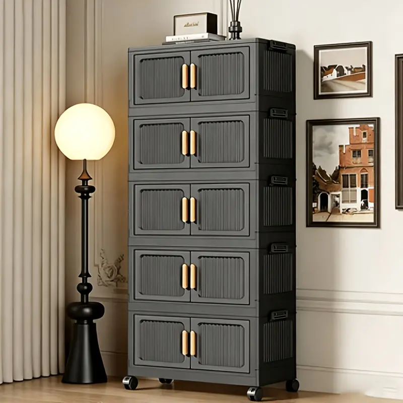 Free installation folding storage cabinet, plastic multi-layer cabinet with wheels, home bedroom bedside table, rental house, miscellaneous sorting