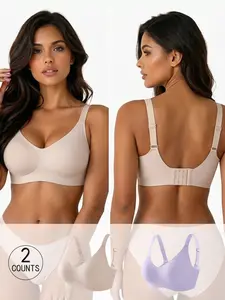 2-Pack in 6 Colors, V-Neck Women's Seamless Jelly Bras in Solid Colors, High Support Wire-Free Bras with Jelly Padding, Adjustable Shoulder Straps Sports Vests, Sizes XS-XL, Daily-Wear Friendly Comfort Loungewear Bras