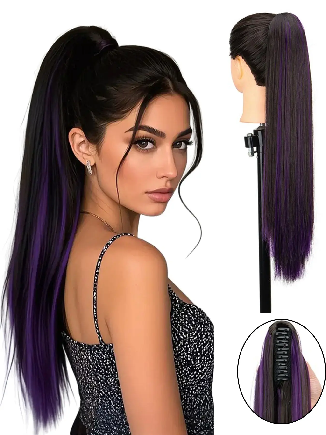 24inch Claw Clip In Synthetic Straight Ponytail Hair Extensions, Synthetic Ponytails - Pre-Bleached Multicolor Highlights (Blue/Green), Clip-On Hairpiece for Instant Volume & Highlights, Easy Application for Parties, Synthetic Fiber Extensions