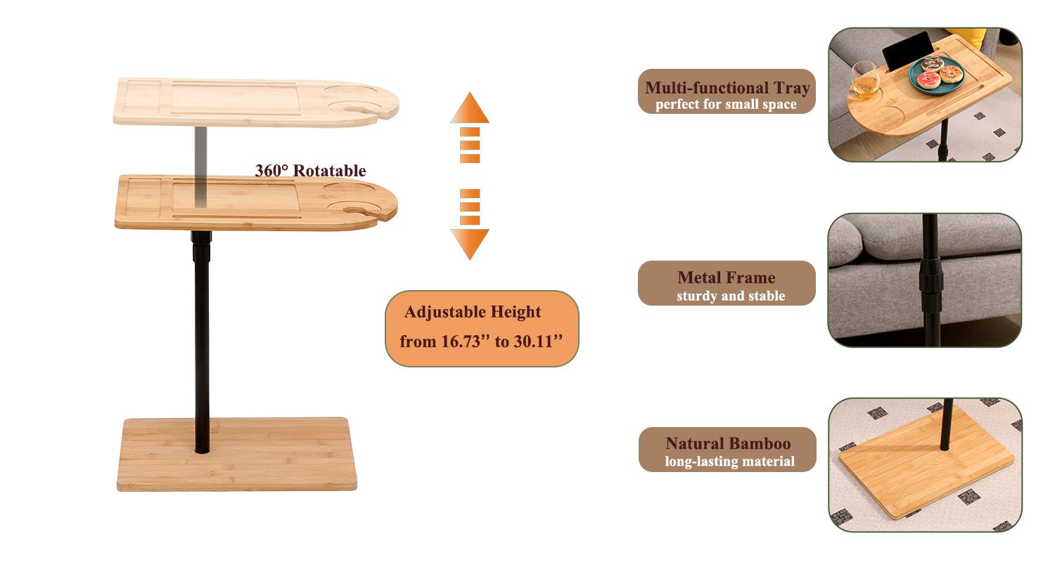 Couch Tray Table Bamboo Height Adjustable Side Table for Sofa C-shaped Oval End Tables with Slots for Bed & Chairs in Living Room & Bedroom (Oval + Rectangle)