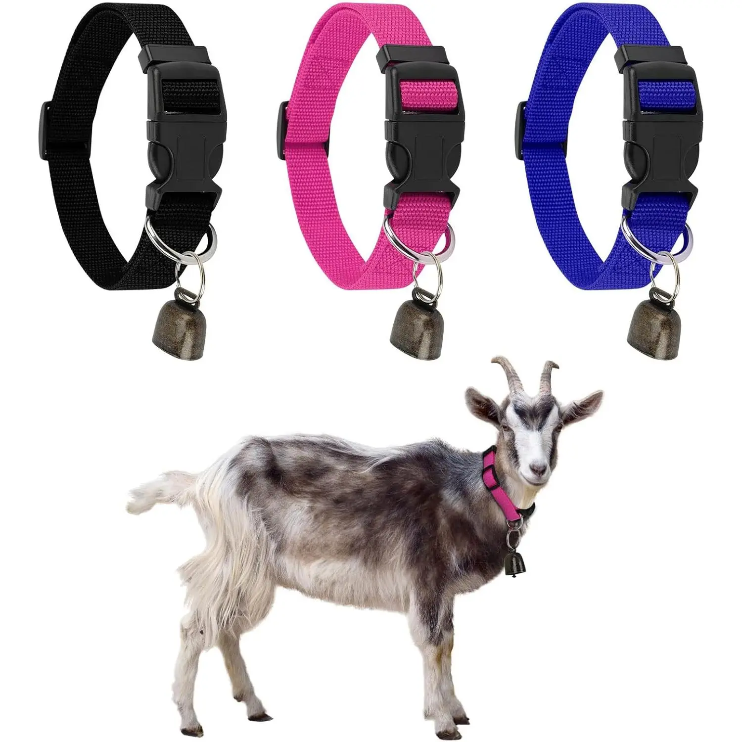 3 Pack Adjustable Goat Sheep Collars with Quick Release Buckle Anti-Loss Bell Durable Nylon Pet Collar for Small Farm Goat Cow Horse Sheep