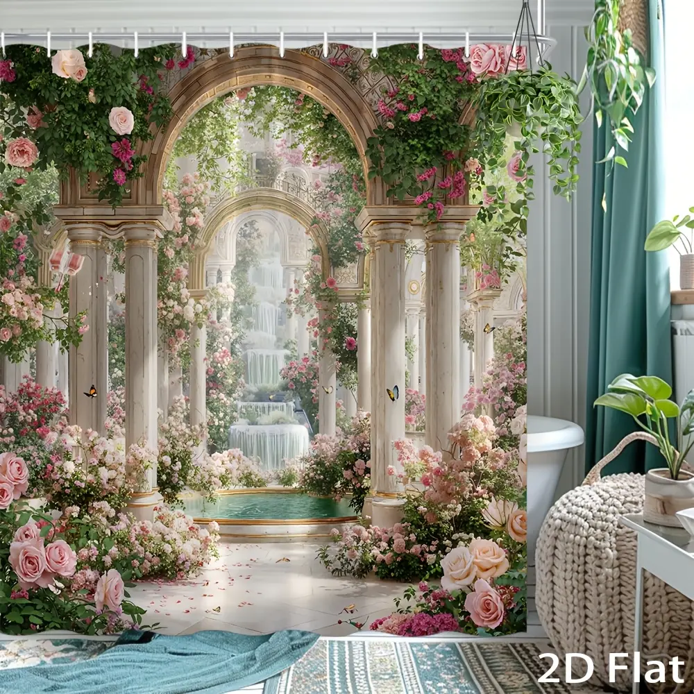 1 Piece, Elegant Floral Garden Decorative Shower Curtain with Rose Arch and Waterfall View - Soft Pastel and Green Bathroom Decor, Machine Washable for Spa-like Atmosphere, 2D Flat (Contains 12 Hooks, Excludes Shower Curtain Rod)