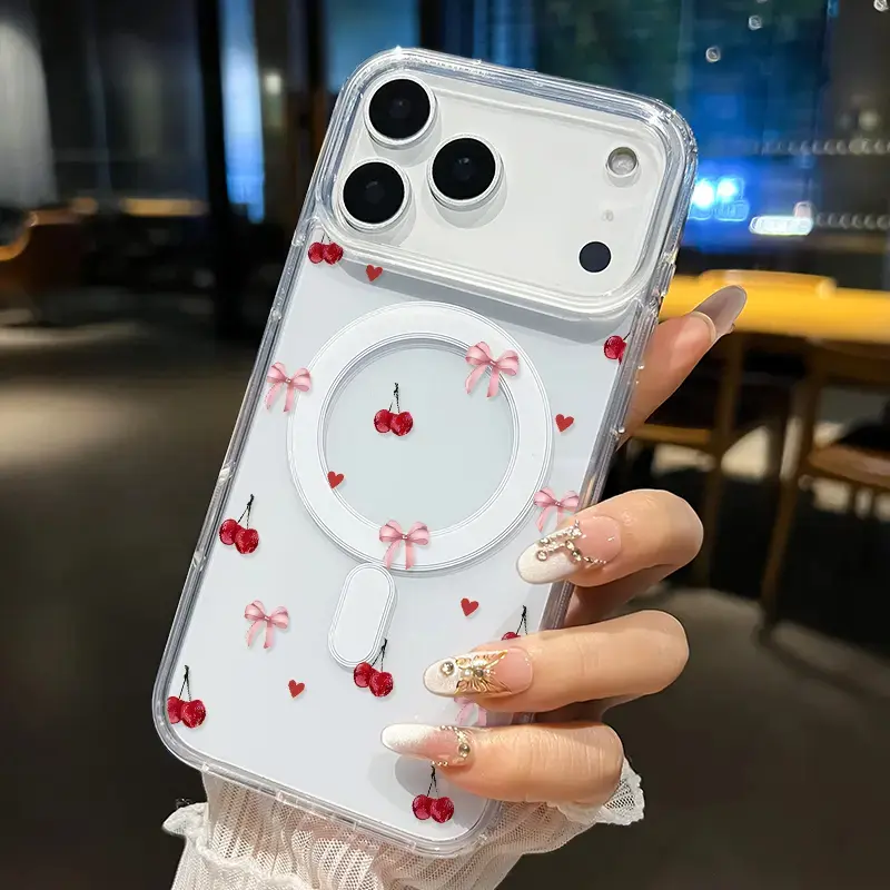 Clear Soft TPU Magnetic Phone Case, Coquette Aesthetic Pink Bow Cherry Tiny Heart Print Slim Shockproof Protective Cover for iPhone 11 12 13 14 15 16 17 Air /Pro Max, Trendy Cute Women Daily Phone