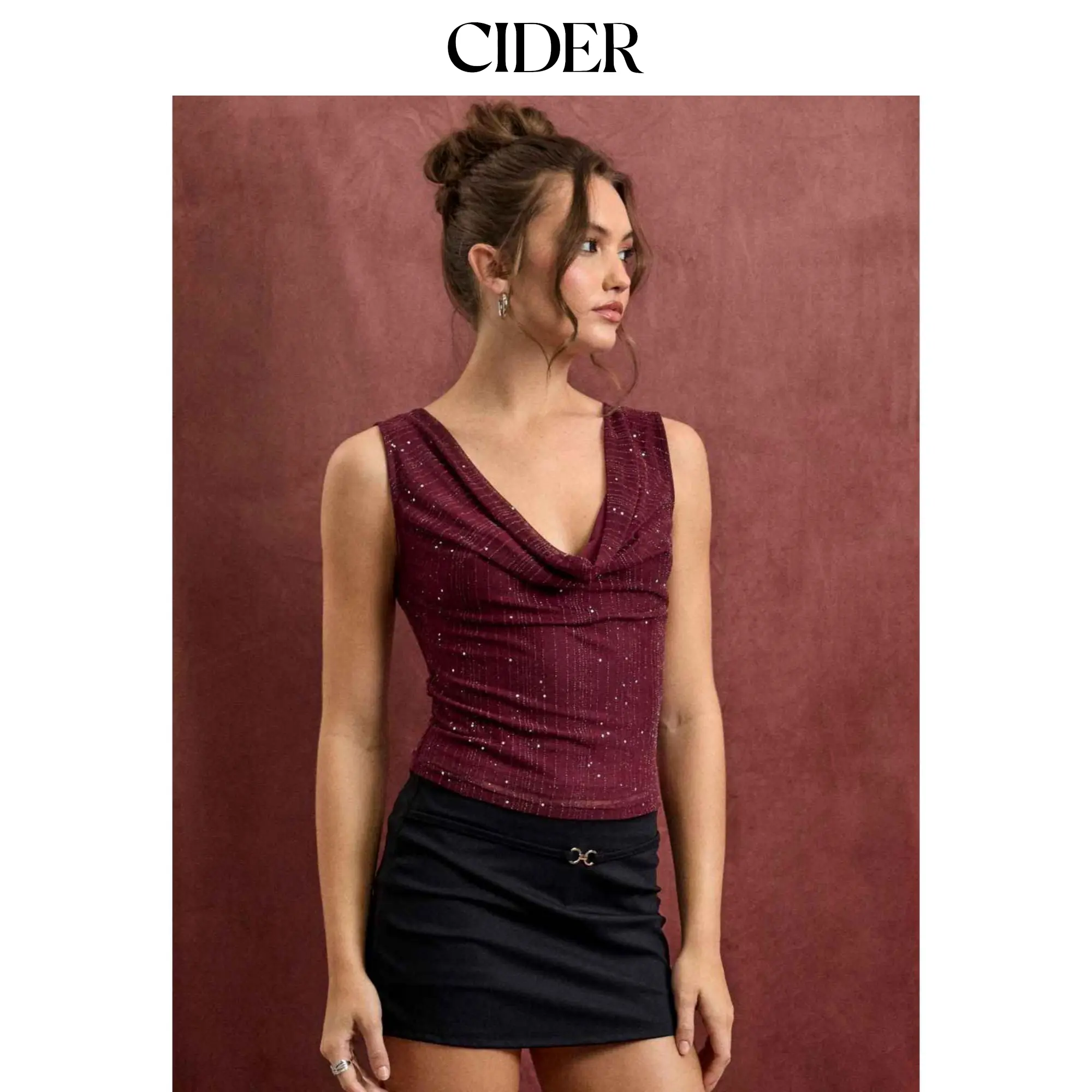 Cider Women's Cowl Neck Ruched Tank Top with Rhinestone Accents SummerWins SummerFinds