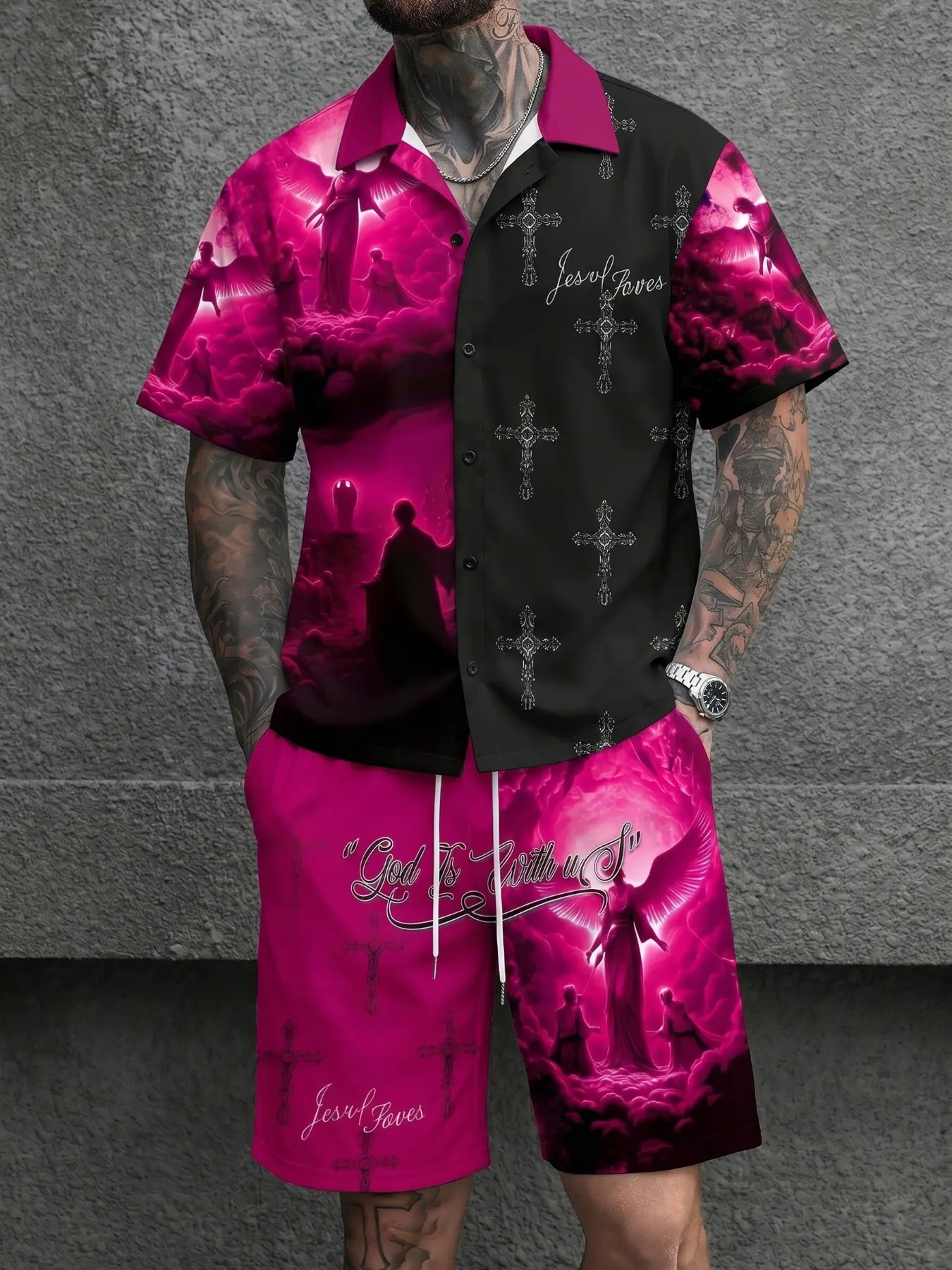 Men's Fashion Streetwear Gradient Cross Goddess Print Shirt Set, Comfortable Versatile Fabric, Creative Faith Design