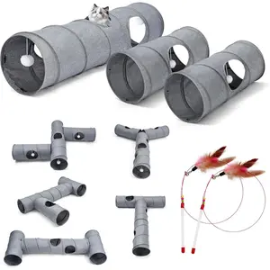 Cat Tunnel, 3 Straight Shaped Tunnels 6 DIY Shapes with Wand Toys, No Noise Scratch Resistant Cool Linen Fabric, Interactive Pet Tunnel Tube for Indoor Cats, Puppy and Rabbits