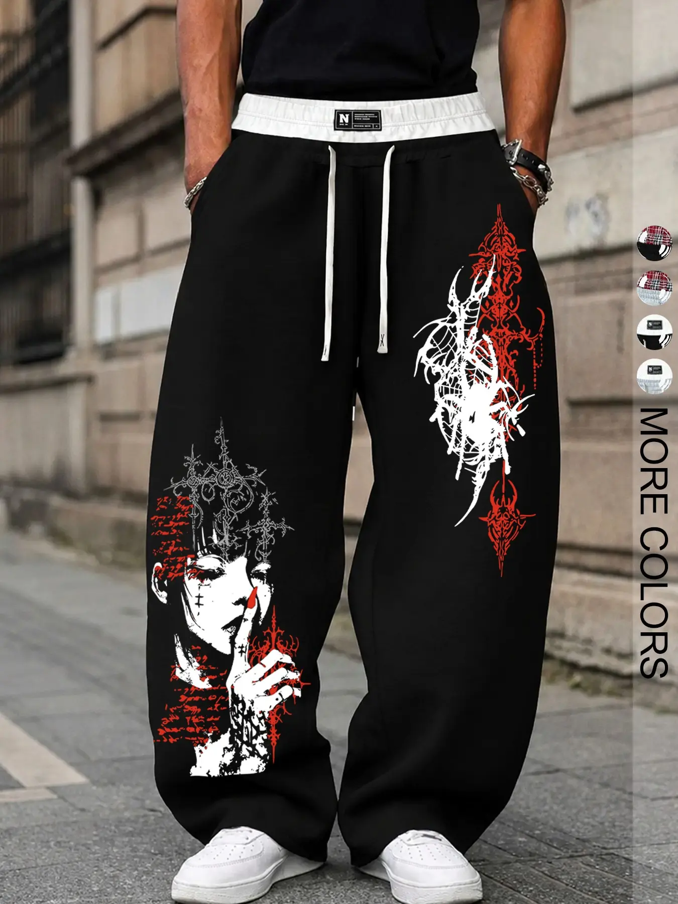 Men's Cyber Y2K Opium Baggy Sweatpants Goth Graphic Print Wide Leg Joggers Streetwear Pants with Plaid Trim