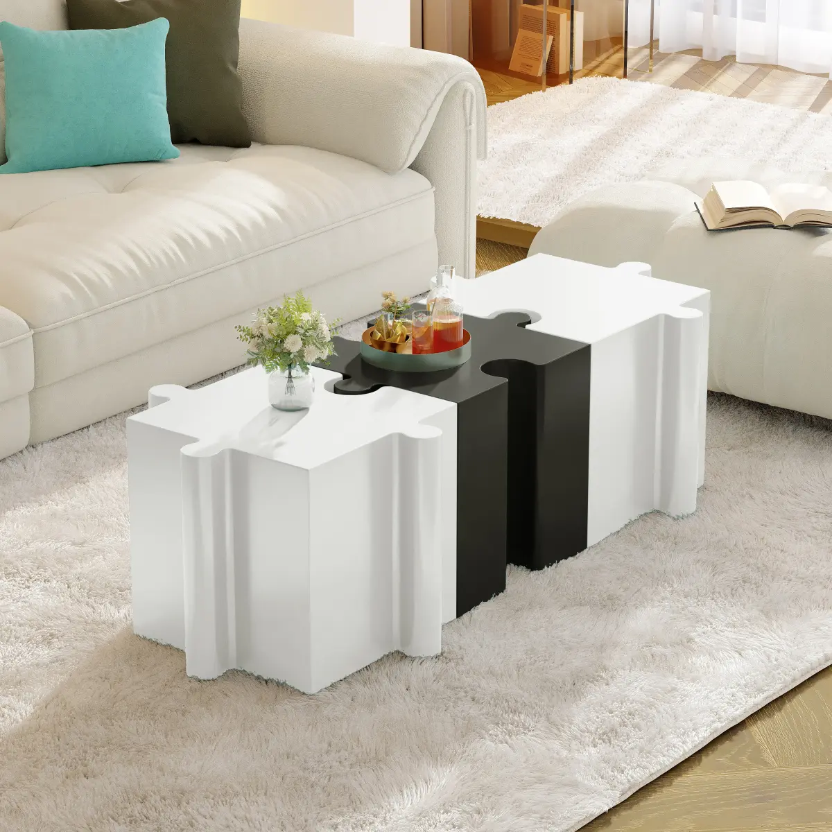 3-Piece Artistic Puzzle Table Set,Modular MGO Side Tables with Interlocking Design (2 Convex & 1 Concave), 200lb Capacity for Indoor & Outdoor,White & Black Color