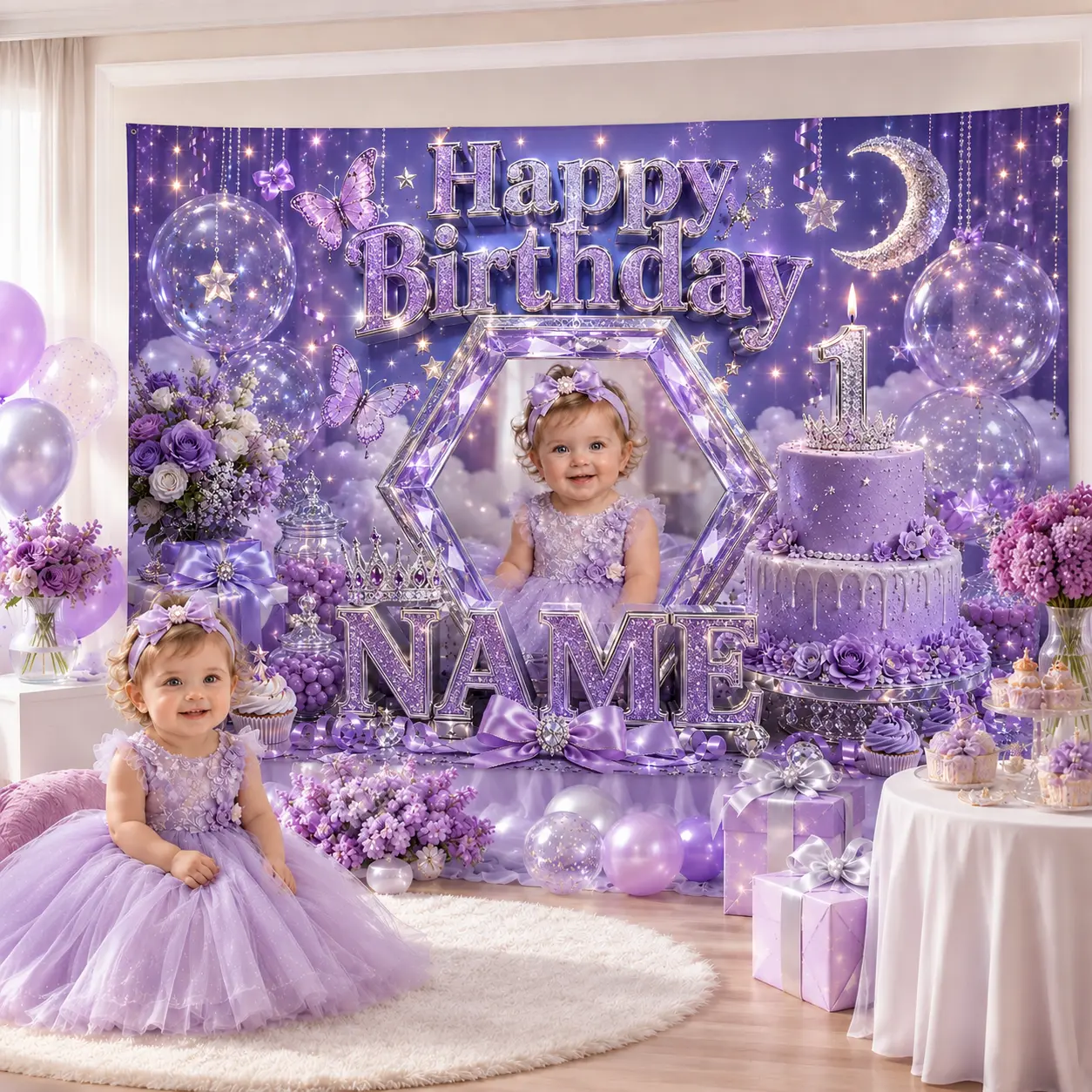 Personalized Lavender 1st Birthday Backdrop with Photo and Name, Butterflies, Moon, Stars, Balloons, Crown and Cake