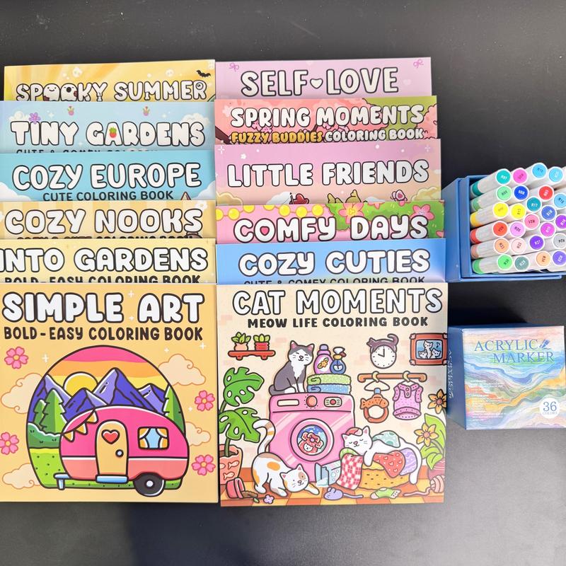12-Piece Thick Coloring Book Set with 36 Colors, Coloring Book Markers, Cute Designs, Multiple Themes, Perfect for Daily Leisure & Holiday Gifts