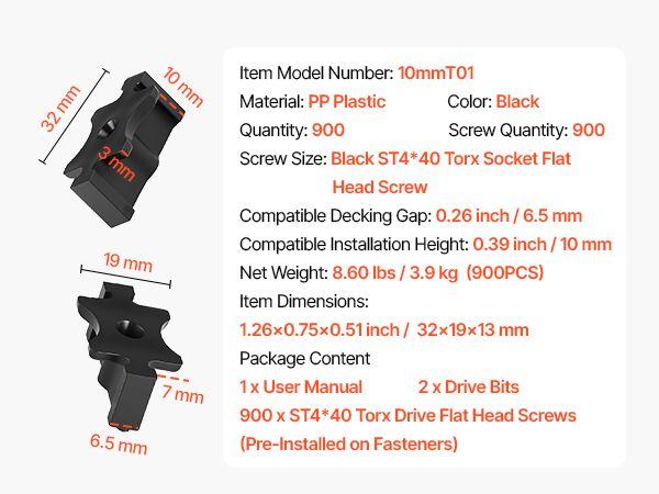 VEVOR 900PCS Hidden Deck Fasteners for Composite Decking Board, Universal Composite T Clips & Plastic Hidden Fasteners with Metal Screws, Polypropylene PP Clips Works with 0.26 inch Gaps, Black VEVOR 900PCS Hidden Deck Fasteners for Composite Decking Board, Universal Composite T Clips & Plastic Hidden Fasteners with Metal Screws, Polypropylene PP Clips Works with 0.26 inch Gaps, Black