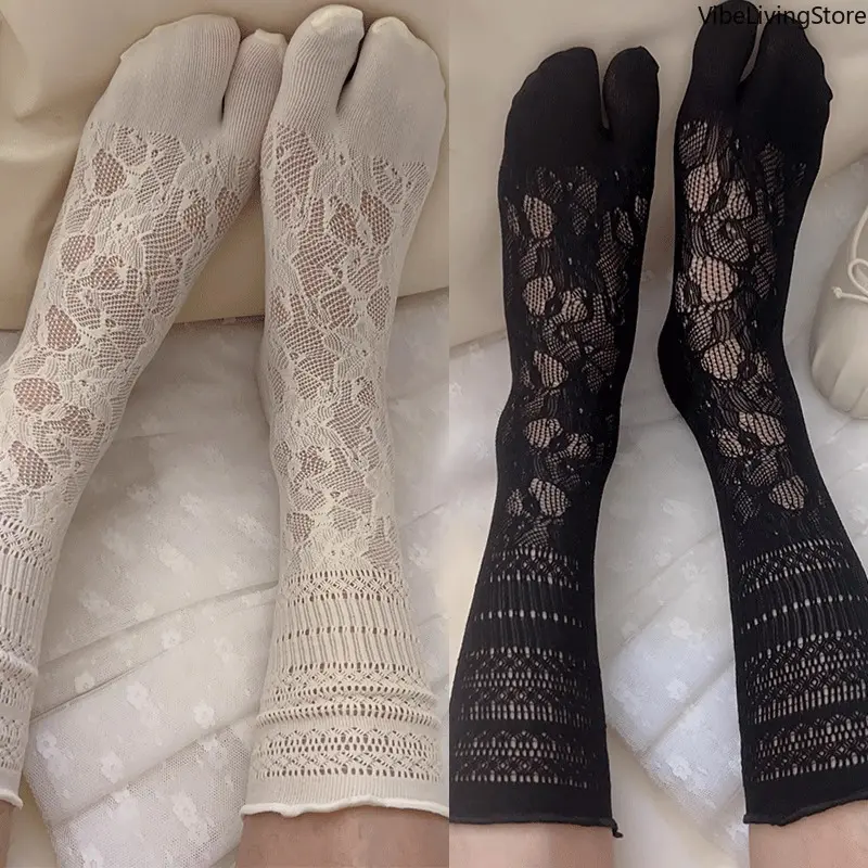 Women's Lace Tabi Split Toe Socks, Summer Hollow Out Mesh Breathable Mid Calf Socks, Soft Stretch Fashion Casual Dress Socks for Women Girls Daily Wear
