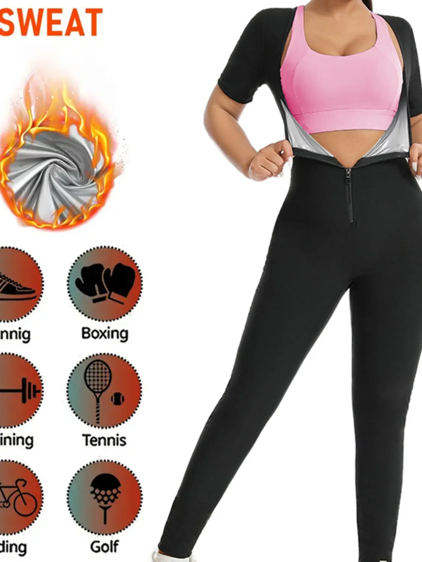 Women's Zipper One-Piece Sweat Suit, High Elastic Waist Abdomen Locking, Short Sleeve Long Pants, Sporty Style, All Seasons, Abdomen Control Jumpsuit