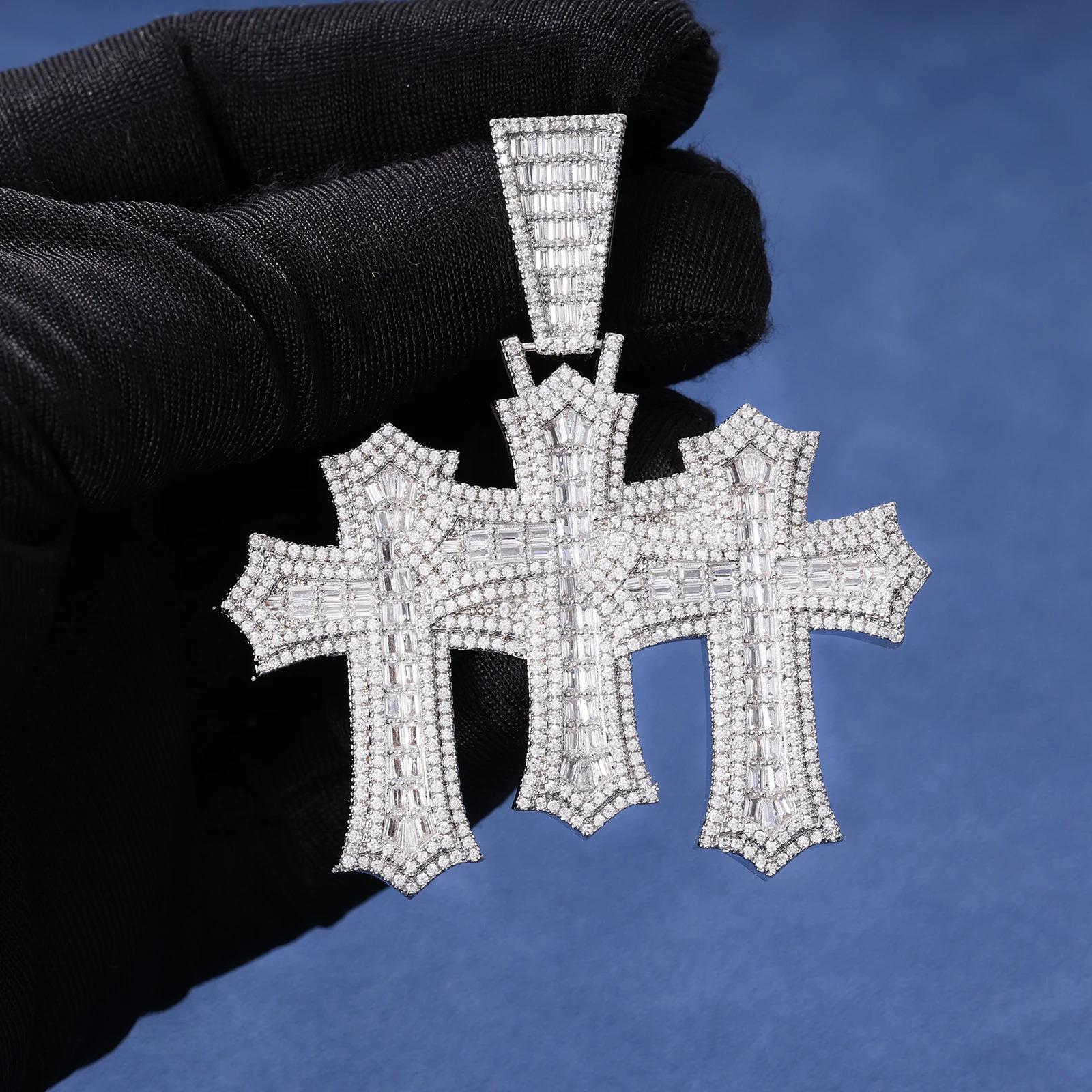 Iced Out New Fashion Baguette Triple Cross Clustered Pendant High Quality Triple Micro Pave Bling CZ Charm Pendant Necklace for Men