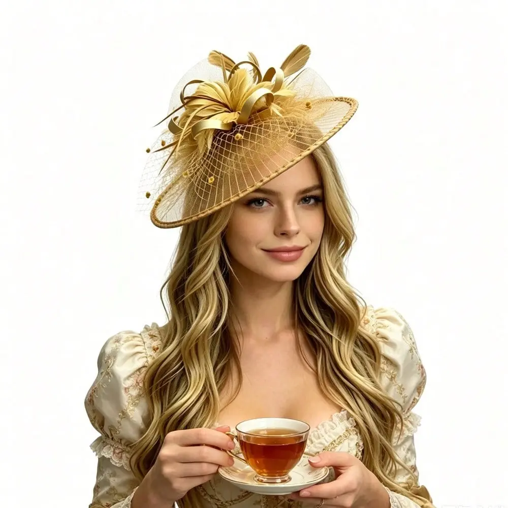 Women's Vintage Gold Plain Polyester Mix Fascinator Hat - Mesh Netting, Feather Accent, Satin Ribbon, Elegant Formal Event Headpiece for Brides, Formal Events
