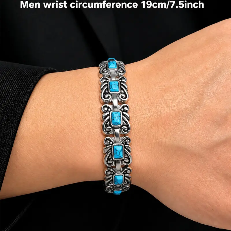 Magnetic Turquoise Stainless Steel High Quality Exquisite Bracelet for Women & Men, Adjustable Size with Sizing Tool, Unisex Jewelry Gift Idea