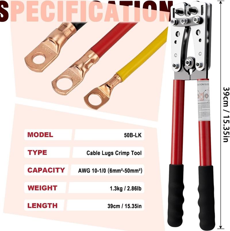 Lug Crimping Tool, Terminal Crimper with for AWG10 8 6 4 2 1/0 Heavy Duty Wire Lugs, Electrical Lug, Copper Lugs, Terminal Lug Crimping Tool, Terminal Crimper with for AWG10 8 6 4 2 1/0 Heavy Duty Wire Lugs, Electrical Lug, Copper Lugs, Terminal