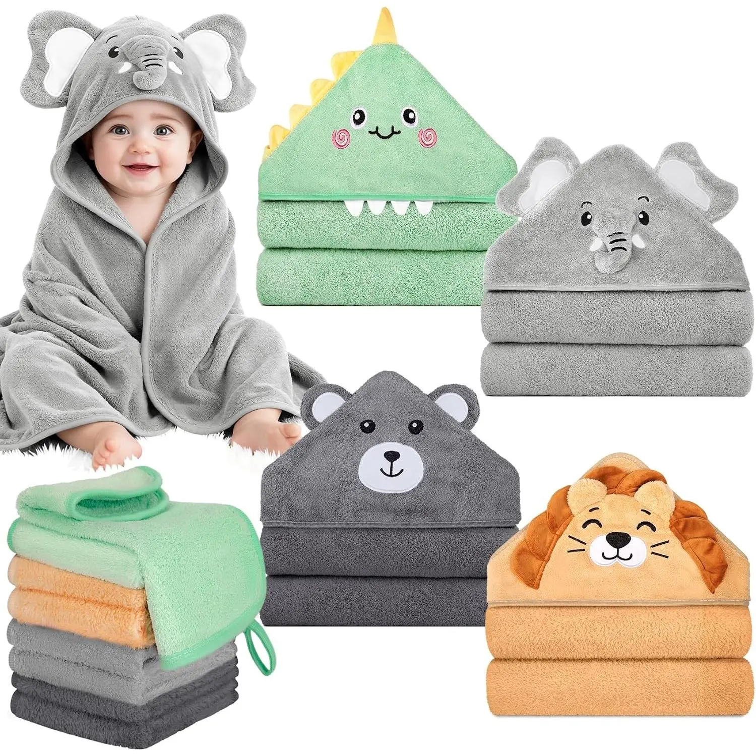 12-Piece Baby Bath Towels Set with 4 Cute Animal Hooded Towels & 8 Washcloths, Ultra Soft Cozy, Thick & Absorbent for Newborn, Infants, Toddlers Boys Girls(Gift)
