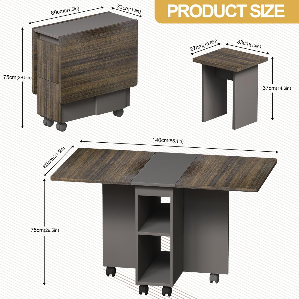 5 Pieces Folding Extendable Dining Table Set with 4 Chairs for 4 Peoples, 55'' Drop Leaf Wood Kitchen Dining Room Table Set with Storage and 6 Wheels for Small Space Saving, Brown 5 Pieces Folding Extendable Dining Table Set with 4 Chairs for 4 Peoples, 55'' Drop Leaf Wood Kitchen Dining Room Table Set with Storage and 6 Wheels for Small Space Saving, Brown