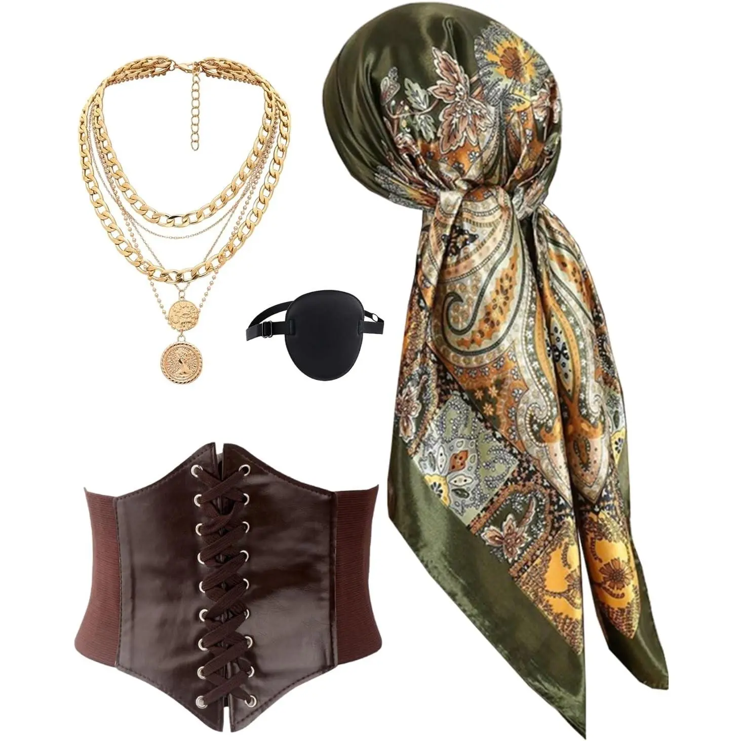 Women's Pirate Costume Accessories Set - Bandana, Head Scarf, Eye Patch, Medieval Corset, Necklace JewelryGift