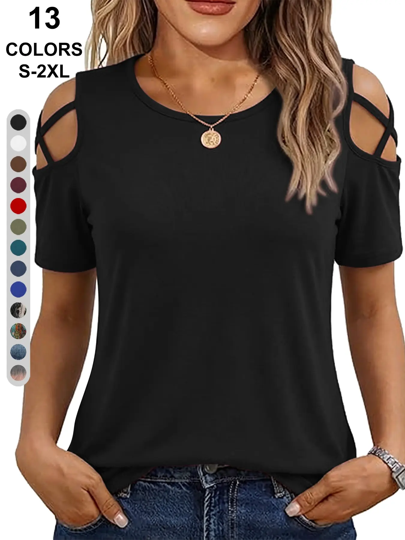 Women's Short Sleeve Off-Shoulder Tie Front T-Shirt Top, Sexy Fitted Plain Surface Design, No Zipper Collar Button, Batch Dx202