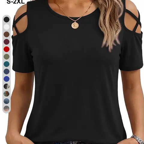 Women's Short Sleeve Cold-Shoulder Fitted Casual T-Shirt, Sexy Plain Top