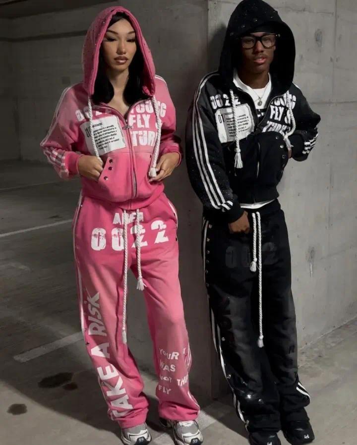 Men's Hoodies America Vintage Sequins Rhinestone Embroidery Zipper Hoodie Men Women Punk Gothic Stripe Patchwork Trendy Sweatshirt