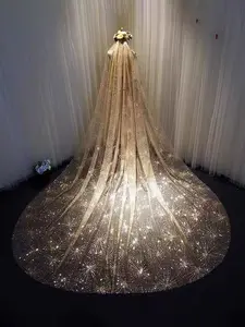 Gold and Sparkle Veil, Long Round Train Bride Headpiece, Floral Crown Attached, Luxury Castle Wedding Accessory