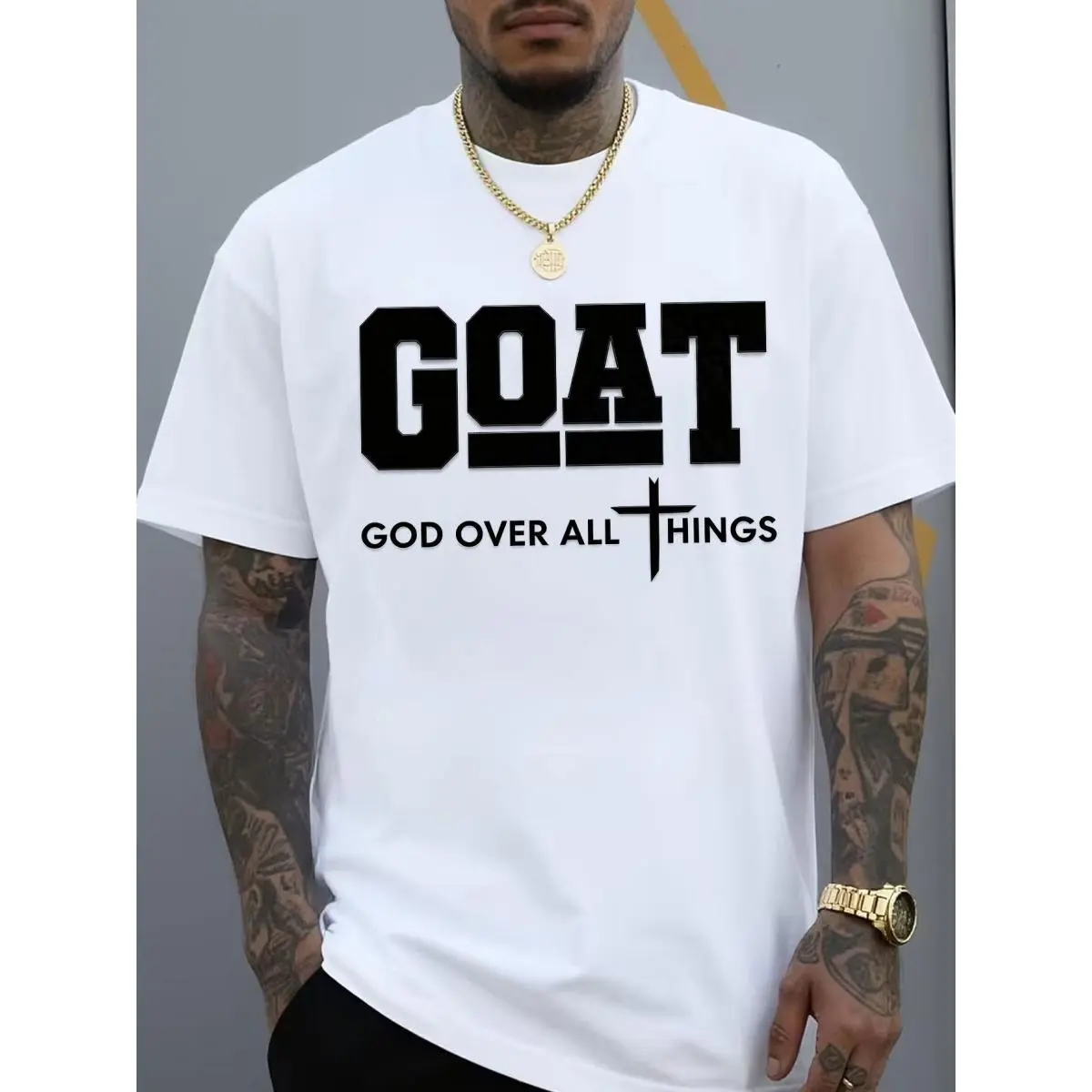 Men's "God Over All (GOAT)" Graphic T-Shirt - Loose Streetwear Short-Sleeve Christian Casual Top, Faith-Inspired Urban Sports & Outdoor Mens Clothingboutique tees,printed tee,Casual Street tee