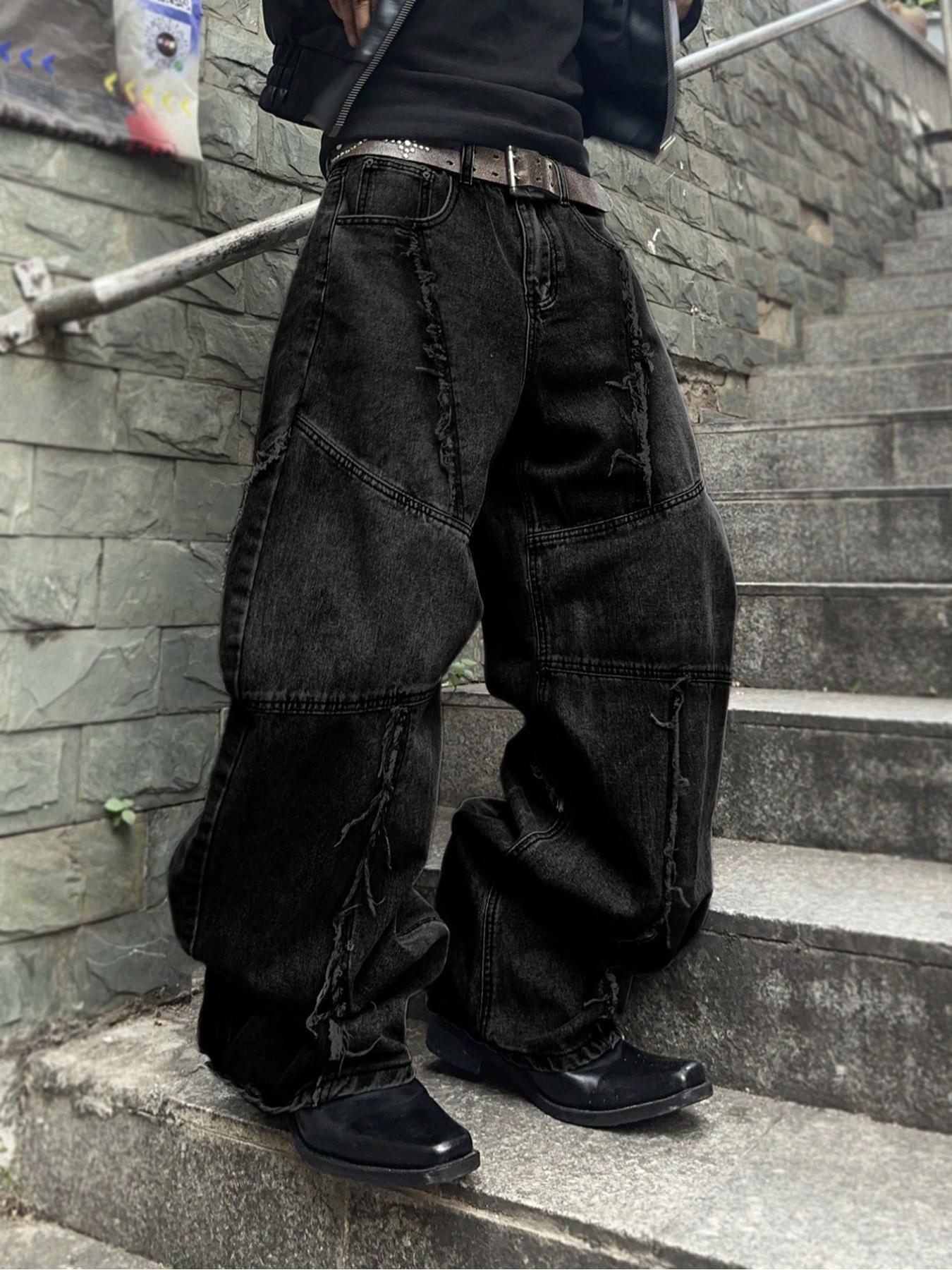 Men's Street Style Streetwear Raw Hem Jeans, Casual Comfy Denim Jeans for Daily Wear, Wide Leg Jeans Bottoms for Men