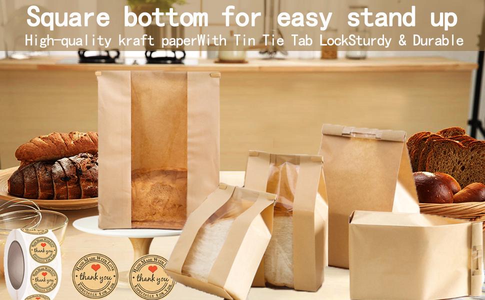 100 Pcs(13.7x8.2x3.5 in) Paper Bread Bags for Homemade Bread, Sourdough Bread Bags with Window, Sourdough Storage Bags for Bread Packaging includes 500 Cute Seal Stickers