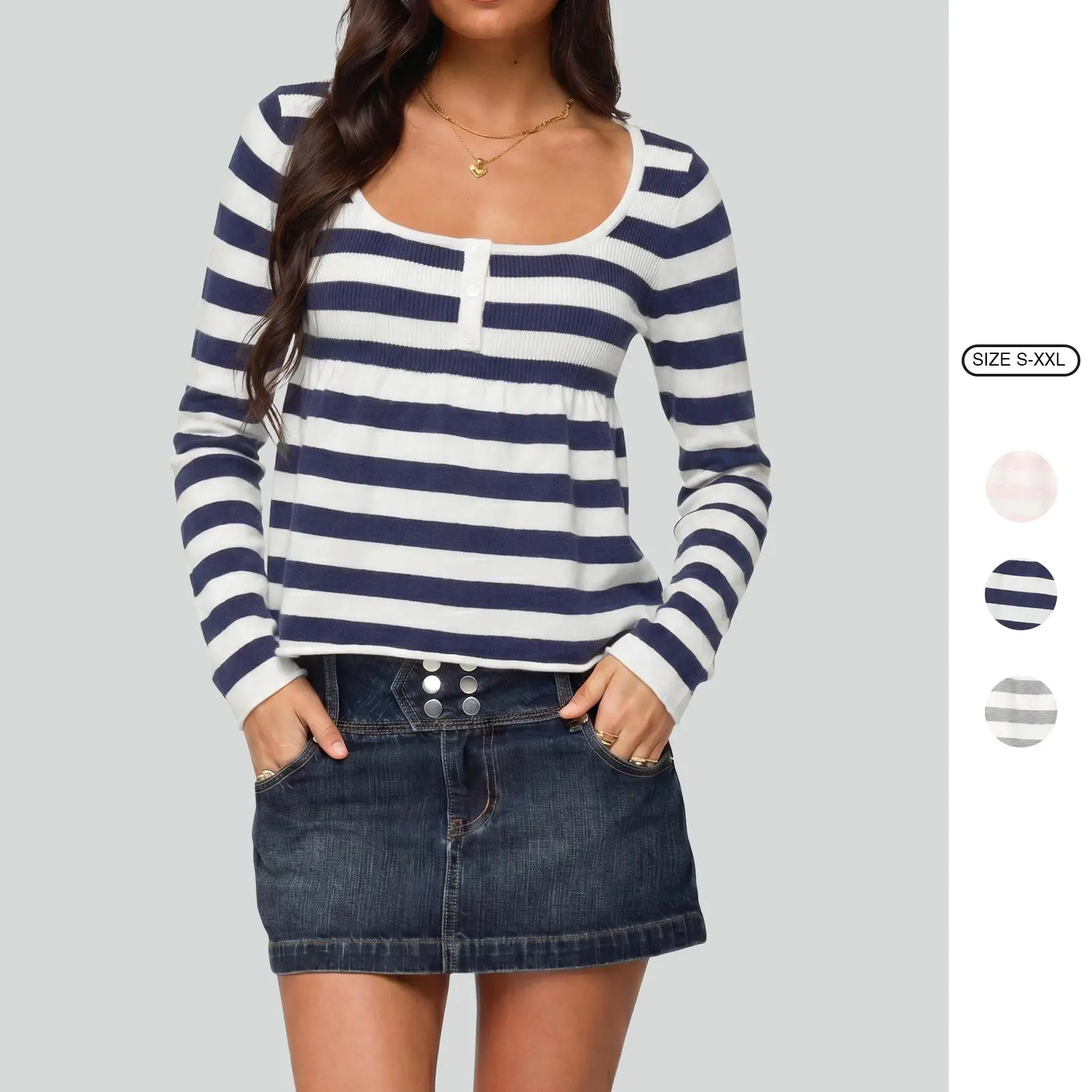 Imily Bela Women's Striped Ribbed Babydoll Knit Long Sleeve Y2K Top Henley Button Peplum Shirt Imily Bela Women's Striped Ribbed Babydoll Knit Long Sleeve Y2K Top Henley Button Peplum Shirt