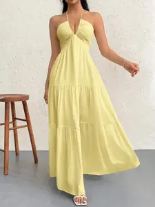 Women's Romantic Elegant Floral Print Beach Vacation Halter V-Neck Ruched Back Strapless A-Line Dress, Summer Hawaiian, Tea Party Gown, Graduation Dress