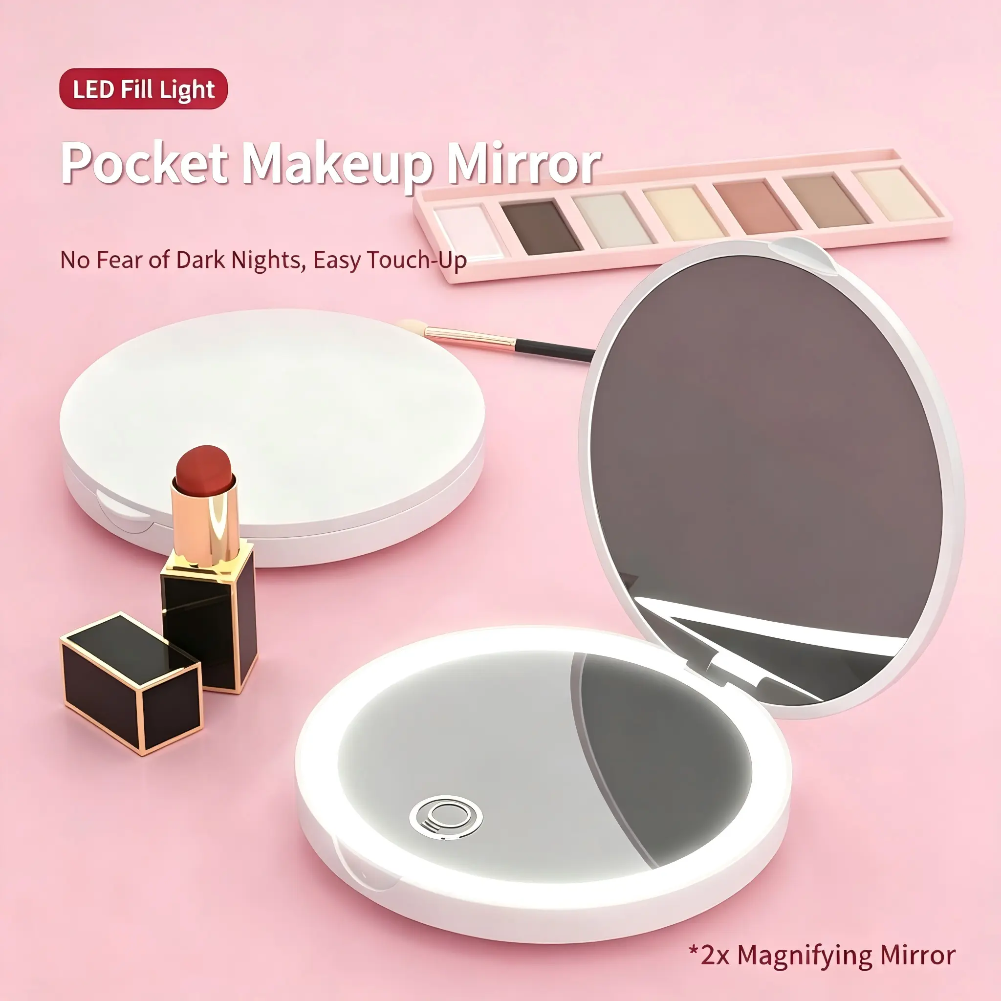 Women's LED Travel Makeup Mirror - Portable Foldable Compact, 2x Magnification, Dimmable Touch-Control Light, Charge via USB, Precise View for Travel-Office Use