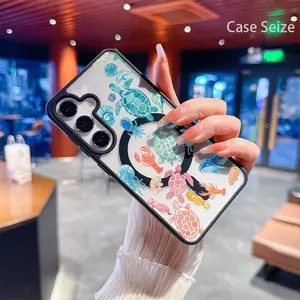 Phone Case: Colorful Sea Turtles Whales Shells and Starfish Fantasy Ocean Charm Black Border Magnetic Phone Case, Anti-Yellowing, Slim Lightweight & Bare Feel, Luxury Premium Design for Samsung Galaxy S22 S23Fe S24 S25 Plus Ultra