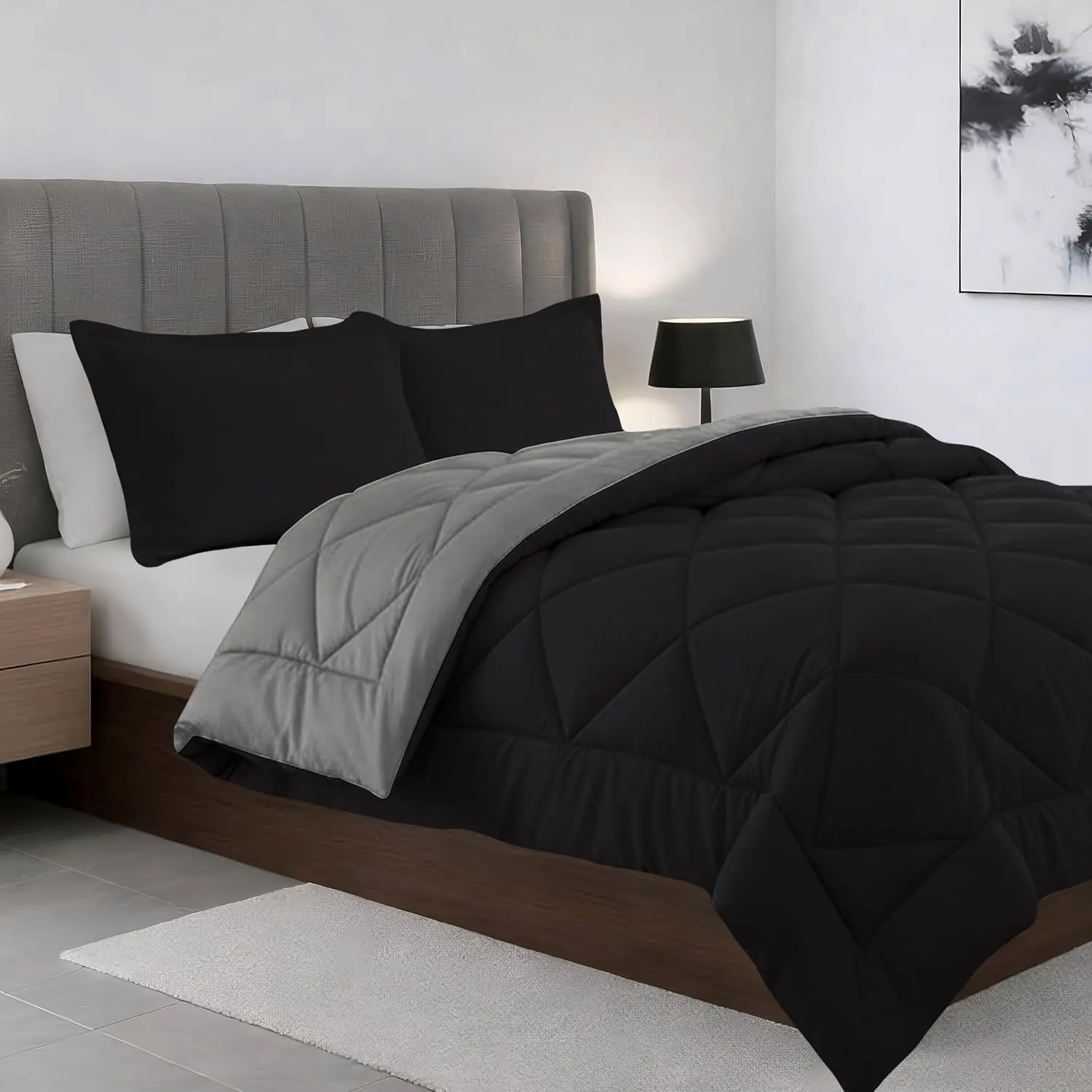 Elegant All Season Goose Down Alternative Reversible 3-Piece Comforter Set- Available in and Colors, King/Cal King, Black/Gray