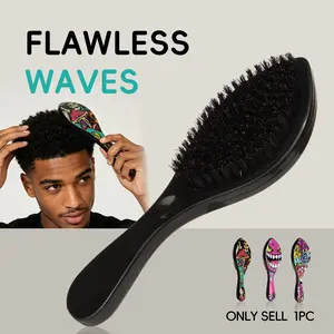 Graffiti Print Large Bent Boar Bristle Wave Brush, Arc Shape Scalp Fit, Man 360 Wave Hair Styling Comb, Men's Coarse Curly Hair Daily Care Brush