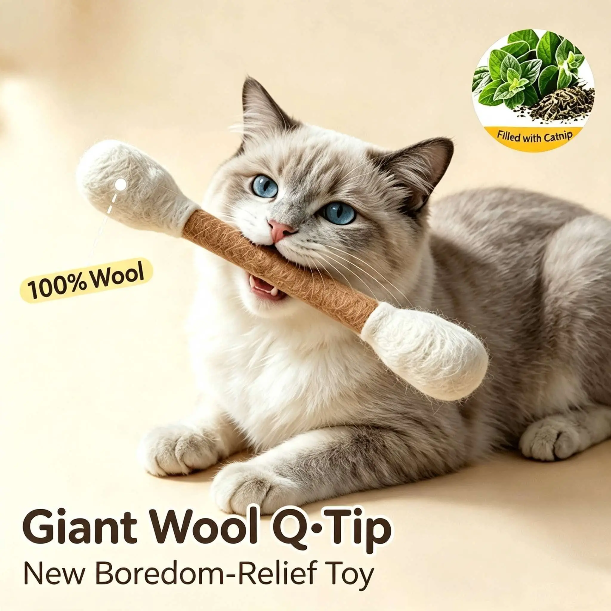 1 Pack Giant Q‑Tip Cat Toy, Soft Wool Cotton Swab Chew & Teething Stick, Interactive Kitten Enrichment Toy for Boredom Anxiety Relief