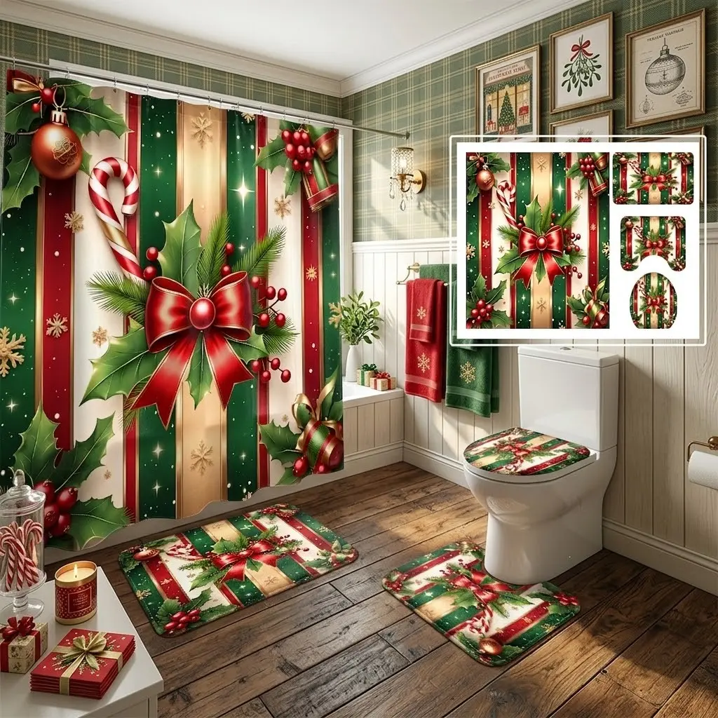 4pcs Classic Christmas striped bow, holly candy cane, and berry decorative print shower curtain set, traditional Christmas bathroom set including toilet lid cover and matching bath mat, with a thicker and softer mat fabric! Christmas bathroom decor