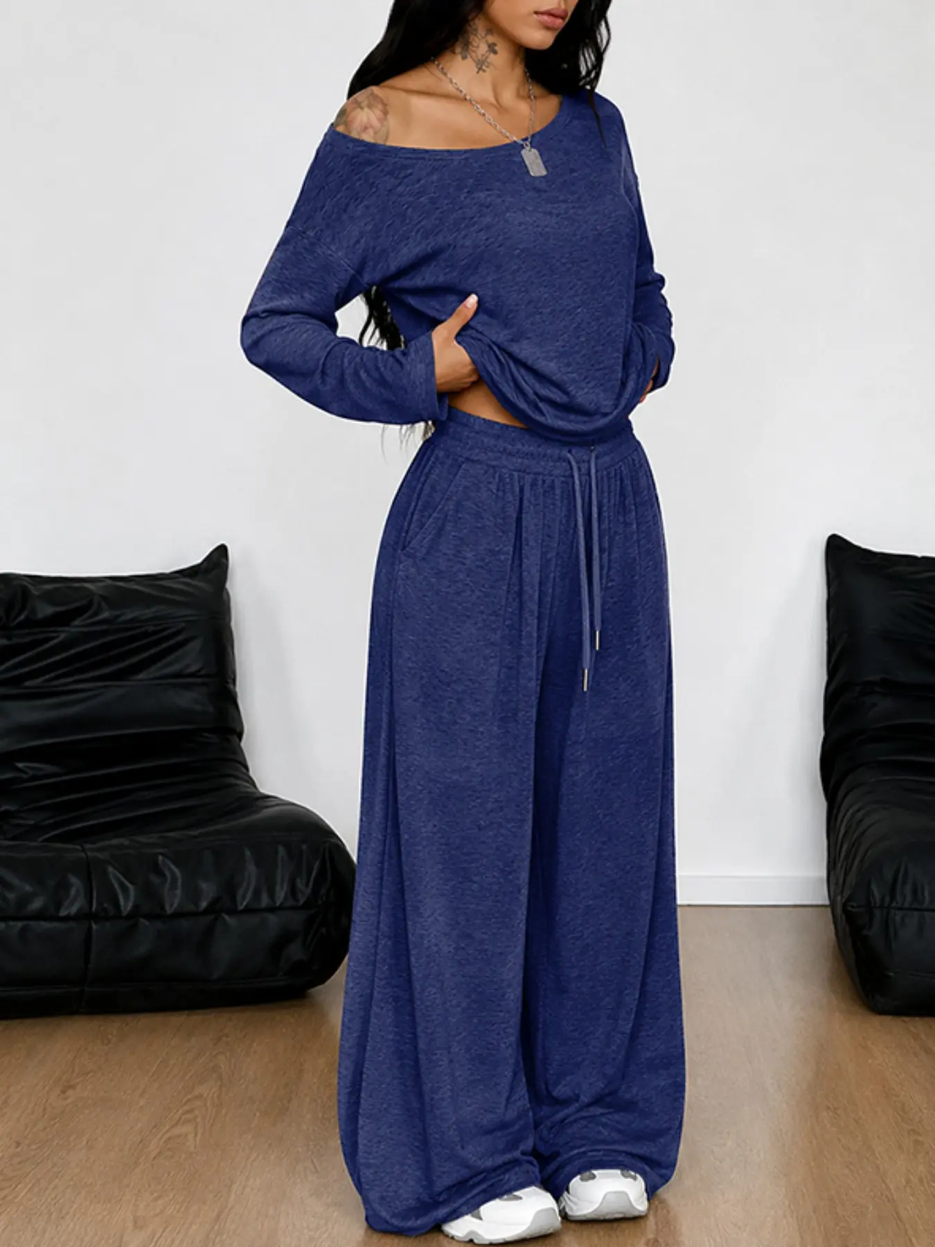 Women's Lazy Style Slimming Wide Leg Pants Two Piece Set, Fall Winter New Long Sleeve Shoulder Reveal High-End Casual Home Sports
