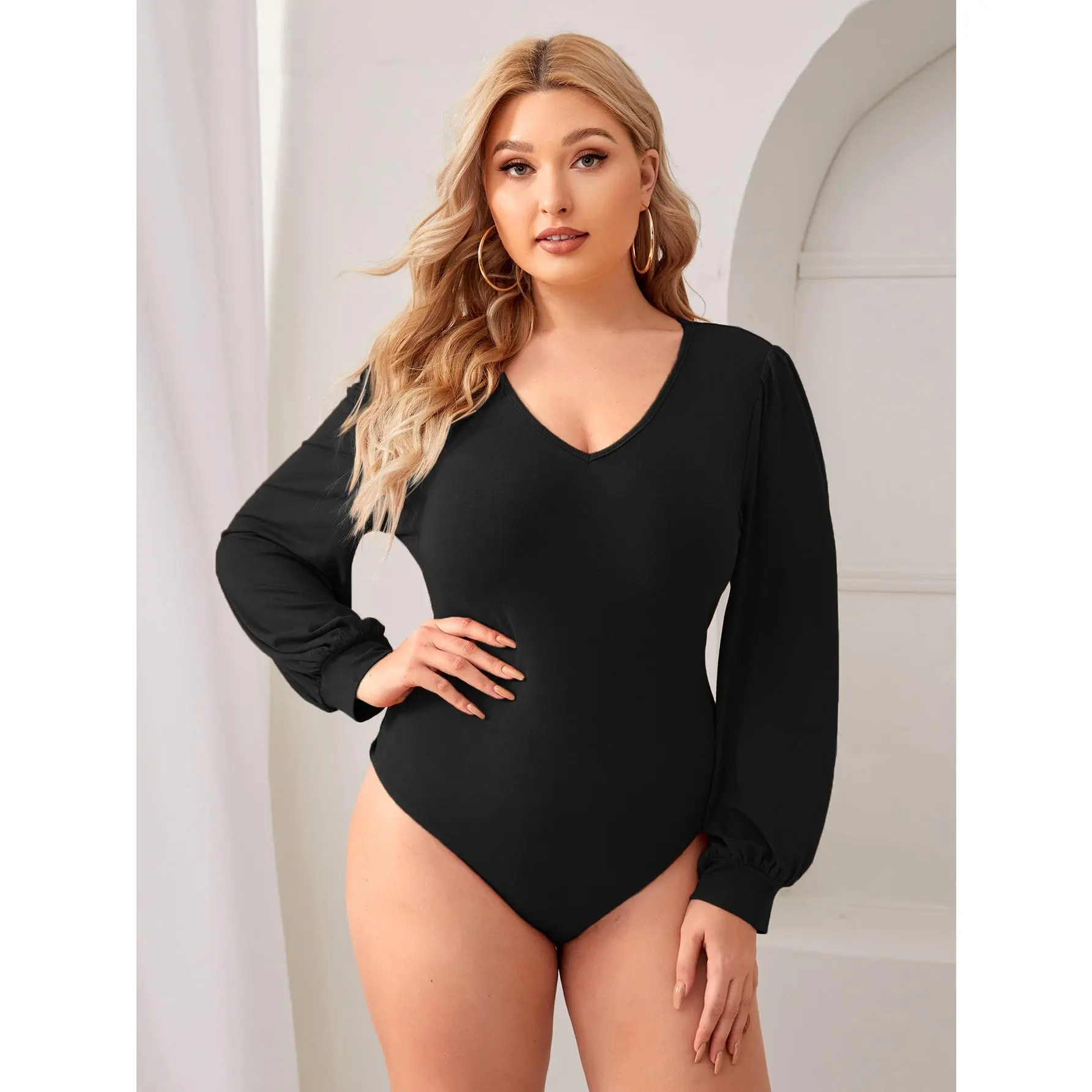 Plus Size V Neck Long Sleeve Bodysuit Leotards Basic Shirts Jumpsuit
