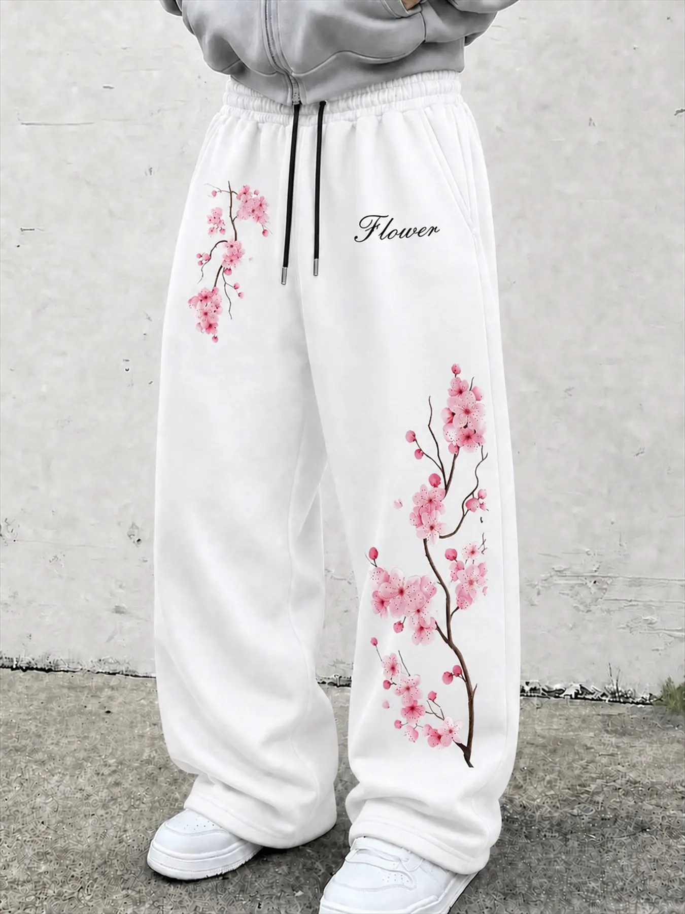 Men's Cherry Blossom Baggy Sweatpants, Bohemian Street Trousers, Light Gray Wide Leg Drawstring Pants with Elastic Waist, Loose Casual Streetwear Trousers for Daily Wear