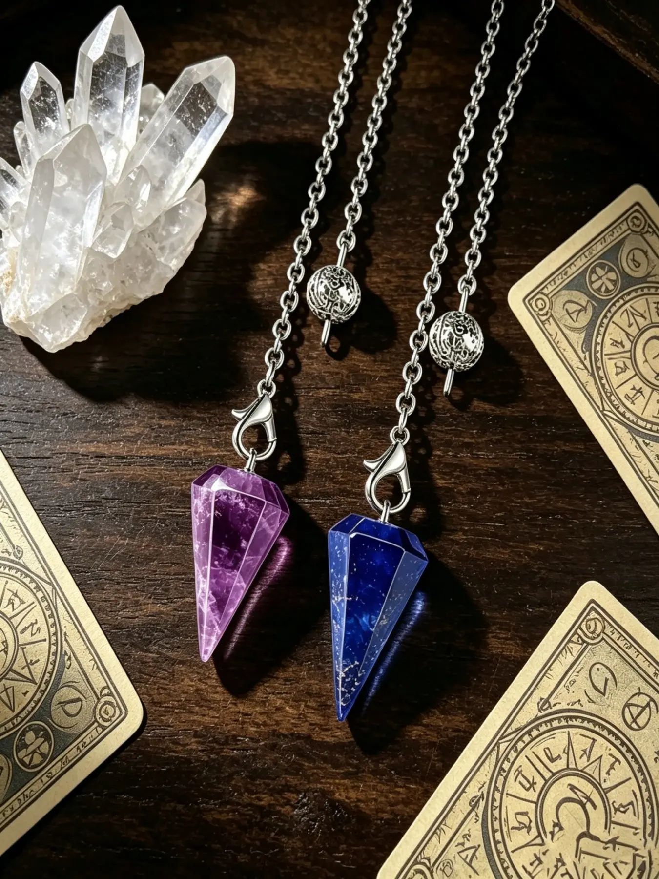2pcs Purple quartz and lapis lazuli handcrafted hexagonal pointed pendant talismans, chakra-balancing energy-type spiritual aura natural crystal stone magic pendulum, healing crystals used for divination, witchcraft and spiritual emotional therapy tools